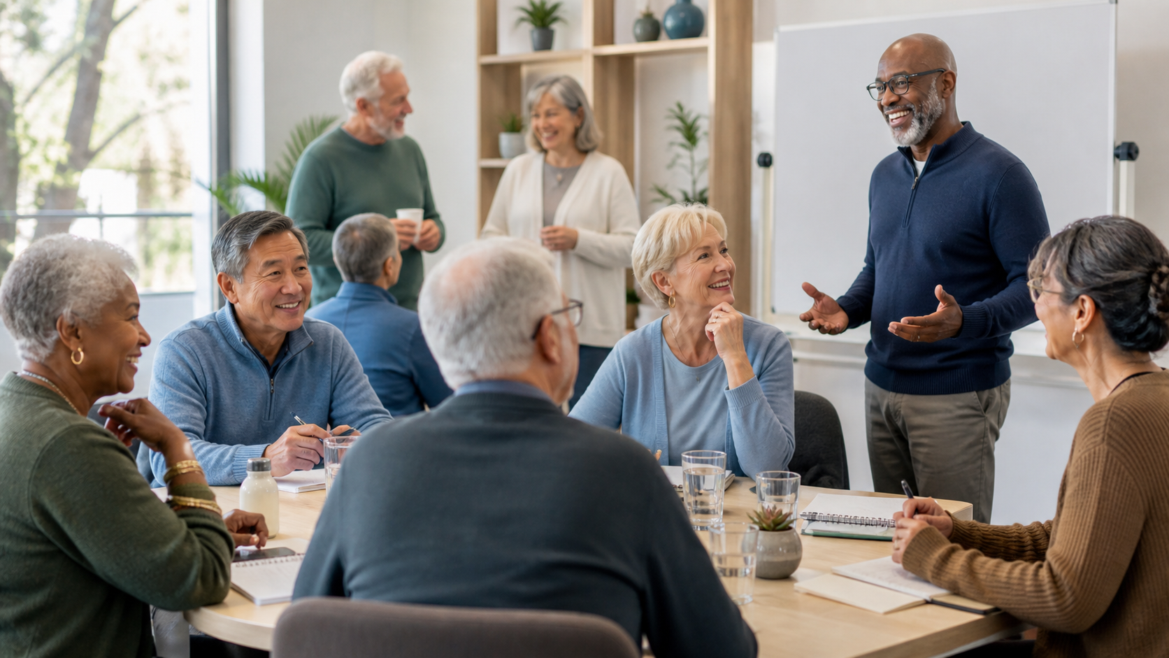 A diverse group of older adults participating in a community wellness education session